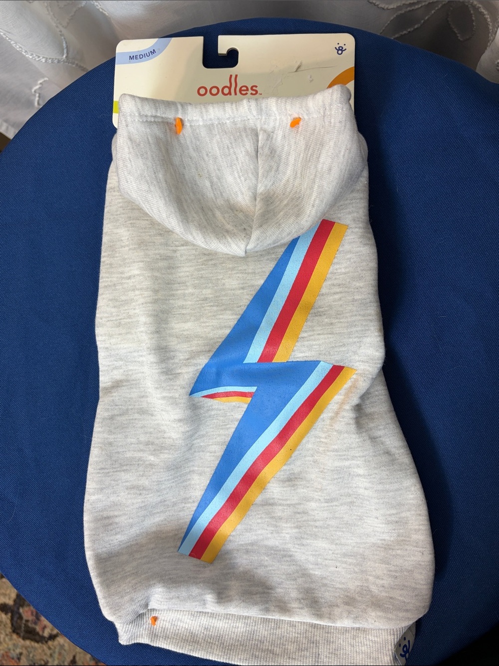 Oodles for Dogs (or cats!) Light Gray Hoodie with Rainbow Lightning Bolt